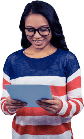 Transparent asian woman using tablet in striped sweater