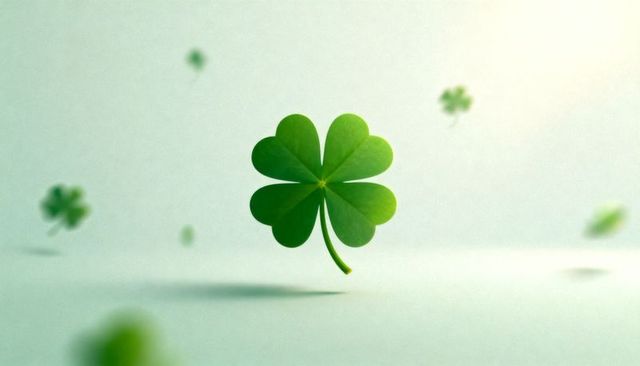 Floating four-leaf clover hovering on pale green backdrop for lucky st patrick design