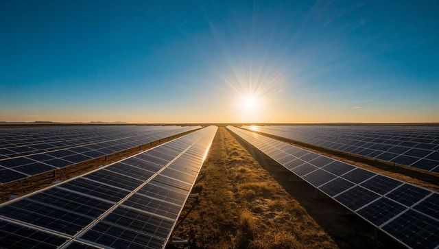 Sunrise over Solar Farm Rows Generating Clean Energy with Reflective Photovoltaic Panels