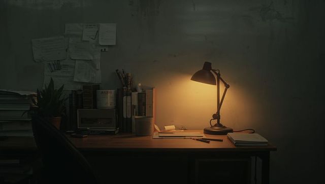 Warm desk lamp illuminating minimalist wooden workspace with notebooks, pens, paper notes