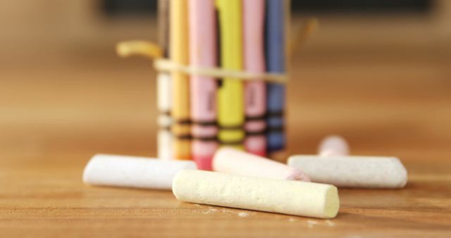 Colorful Chalk Pieces and Holder on Wooden Desk Surface - Download Free Stock Images Pikwizard.com