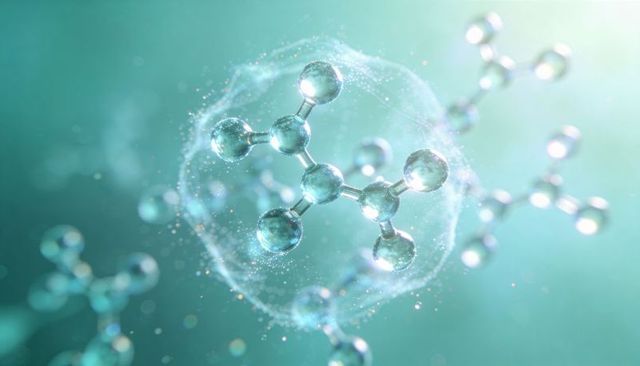 Floating glasslike molecular cluster in teal microscale network with halo bokeh highlights