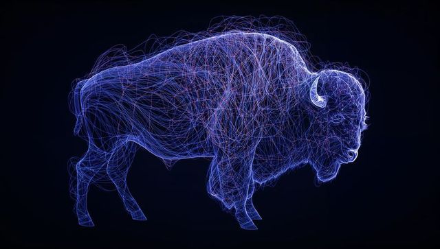Neon Wireframe Bison with Electric Light Trails and Futuristic Glowing Linework Mesh Geometry