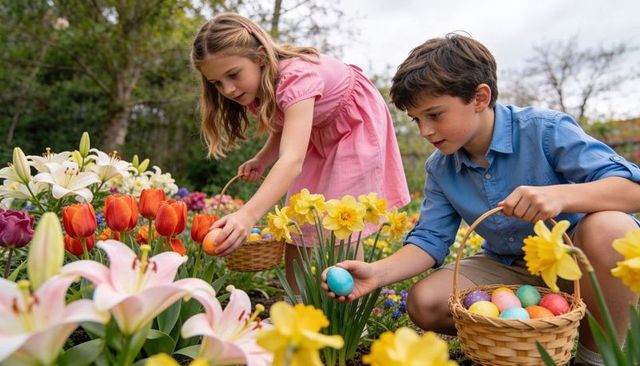 Children collecting colorful easter eggs in flower garden with wicker baskets and spring blooms