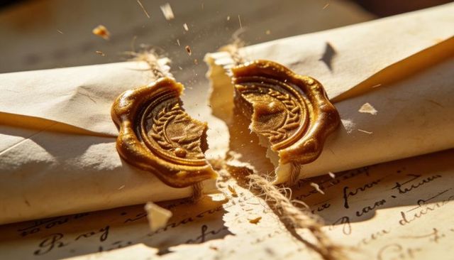 Breaking gold wax seal on aged parchment with twine and handwritten script, crumbs flying