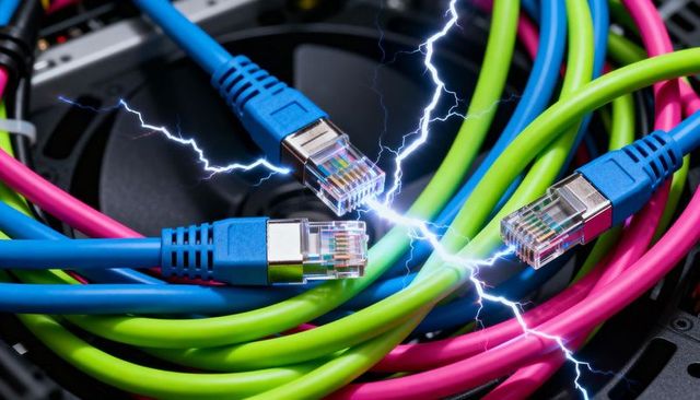 Neon ethernet cables sparking electric arcs around blue rj45 connectors over cable spool