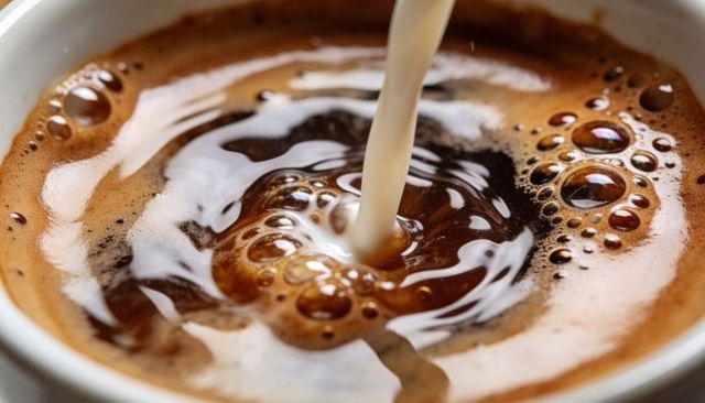 Pouring milk into espresso creating swirling marbled crema and glossy foam bubbles