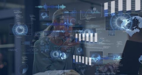 Businesswoman Examining Holographic Data Visualizations in Contemporary Office Workspace