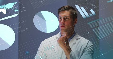 Scientist analyzing holographic data dashboard with world map in futuristic lab