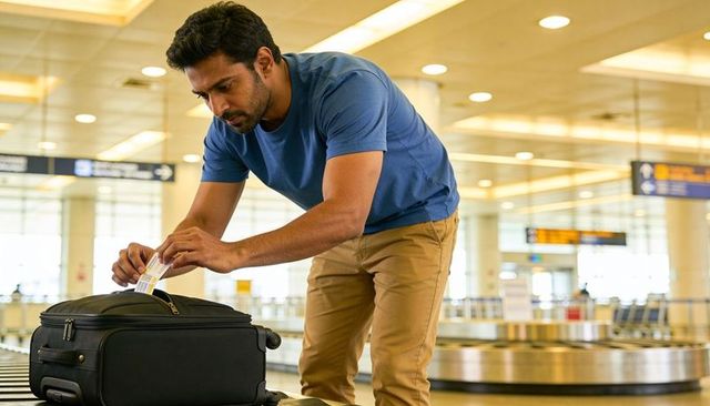 Traveler retrieving boarding pass from suitcase at airport baggage carousel
