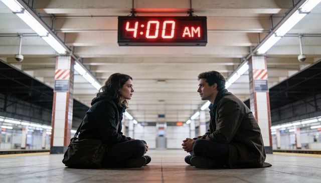 Couple Sitting Cross-Legged on Empty Subway Platform at 4:00 AM Talking Quietly in Dawn