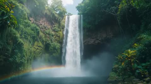 Majestic Waterfall Cascading into Misty Jungle Pool