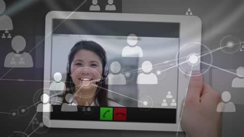Virtual Connectivity Network with Businesswoman Using Headset on Tablet