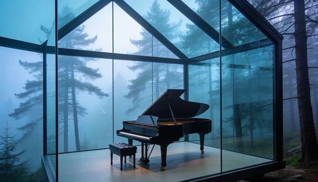 Grand piano nestled in glass pavilion reflecting misty forest and blue fog