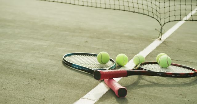 Tennis rackets and balls lie scattered on a court, with a net in the background. This image is ideal for promoting tennis-related events, sports equipment brands, or recreational activities. Use it in advertisements or to depict active lifestyles.