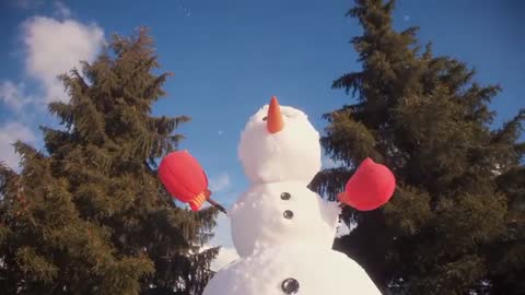 Charming Snowman with Red Mittens Amidst Pine Trees