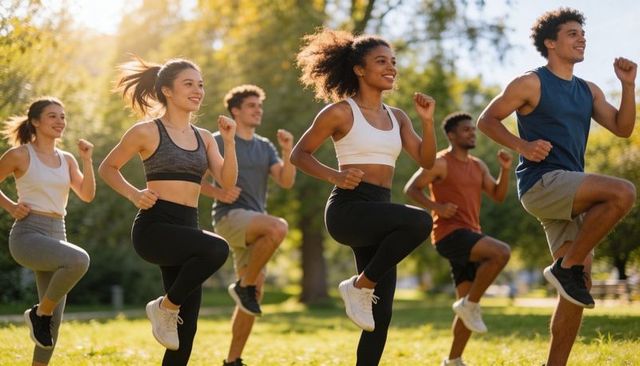 Energetic multicultural group training doing high-knee cardio on sunlit park lawn together