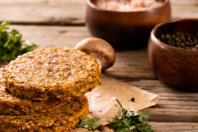 This image showcases fresh veggie patties placed on a rustic wooden table, accompanied by herbs, spices, and a mushroom. Ideal for use in food blogs, vegetarian recipe websites, healthy eating promotions, and culinary magazines. The natural setting and unaltered look emphasize freshness and homemade quality.