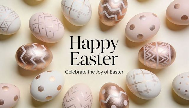 Pastel rose gold easter eggs circling happy easter typography on cream background