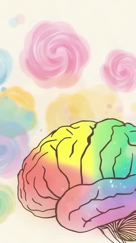 Vertical video shifting rainbow brain with rotating pastel spirals on cream backdrop
