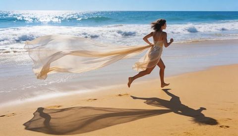 Woman running along sunlit beach with flowing sheer train trailing toward horizon