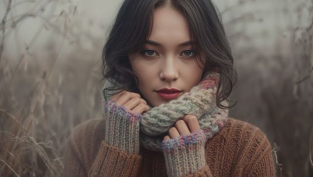 Contemplative Woman in Rustic Autumn Field with Knitwear