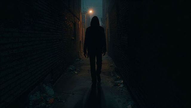 Hooded figure walking down dark urban alley toward distant streetlight silhouette night