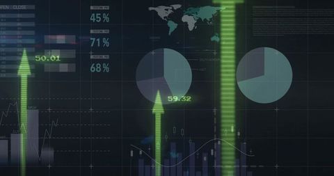 Futuristic digital analytics dashboard with growth arrows