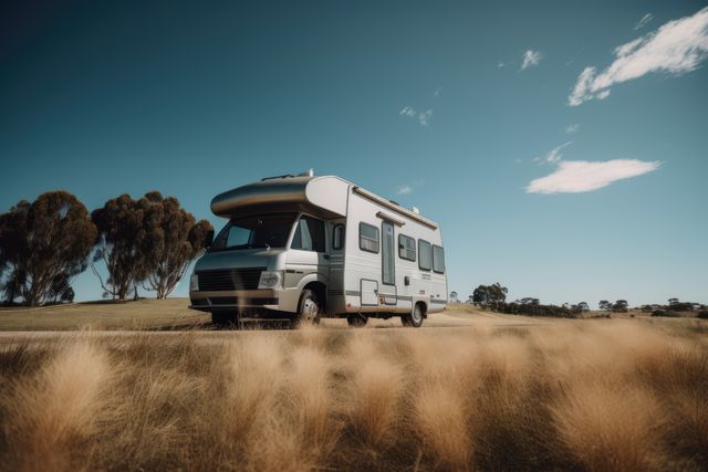 White camper van with trees and sky in the background created using generative ai technology. Transport, travel and camping concept digitally generated image.
