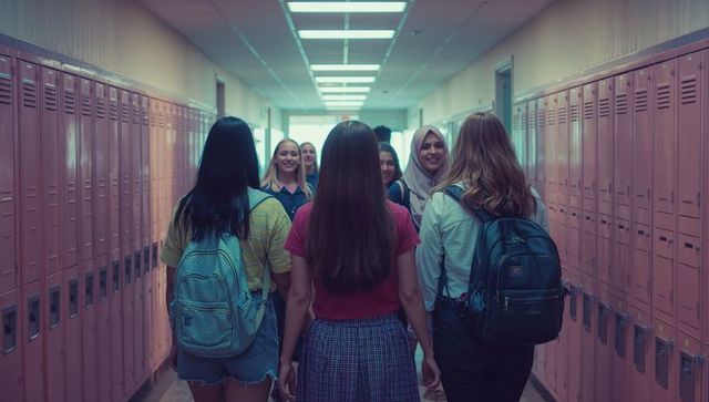 Diverse Teen Students Walking through School Hallway