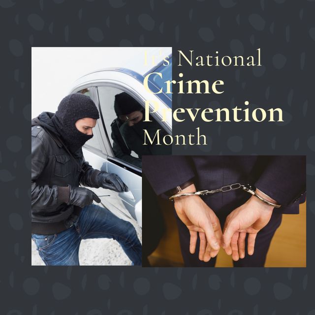 Collage of caucasian thief stealing car, man is handcuffs and it's national crime prevention month. Text, composite, copy space, criminal, law, protection, support, awareness and alertness concept.