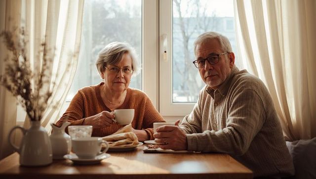 Senior couple enjoying morning coffee by sunlit window at cozy wooden kitchen table