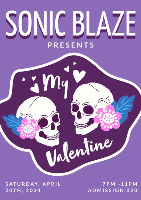 Valentine's Day concert event poster featuring skull illustrations with floral and heart accents. Perfect for promoting themed event, showcasing concert details like date, time, admission cost. Ideal for businesses, bands, or event planners hosting Valentine's events with an edgy or alternative theme.