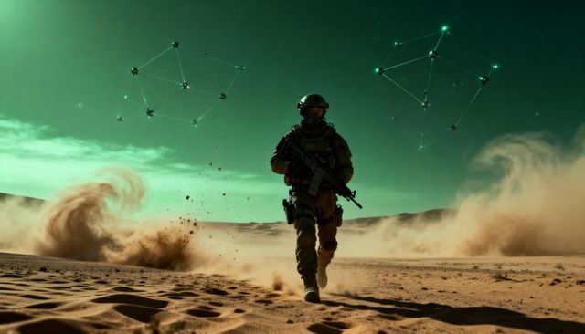 Tactical Soldier Running Through Desert Dust with Swirling Sand Vortices and Recon Drones