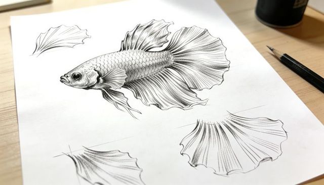 Graphite betta fish sketch with elaborate fin studies on sketchbook sheet