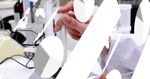 Research technician conducting experiments with digital overlay