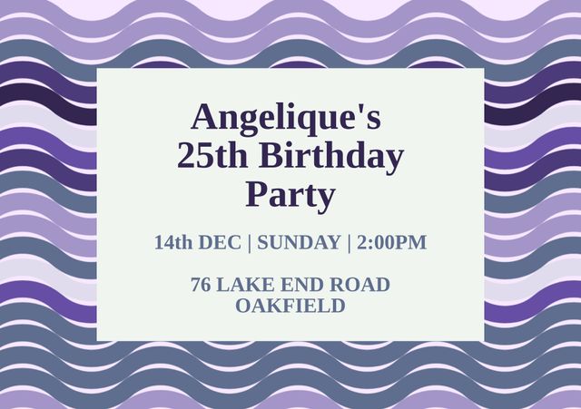 An elegant birthday party invitation featuring a wavy purple pattern background. The central text highlights 'Angelique's 25th Birthday Party' along with the event's date, time, and location. Perfect for use in creating refined and stylish invitation cards for milestone celebrations such as a 25th birthday or similar festive occasions.