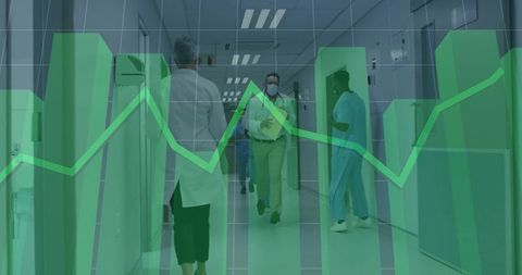 Healthcare Professionals Walking in Hospital with Data Technology Overlay