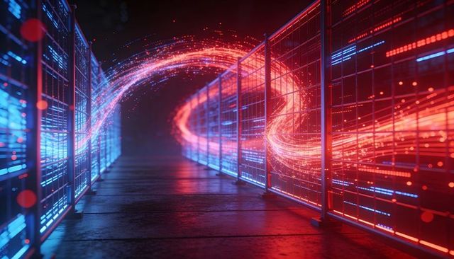 Neon Data Stream Arcing Through Server Corridor, High-Speed Network Flow Visualization