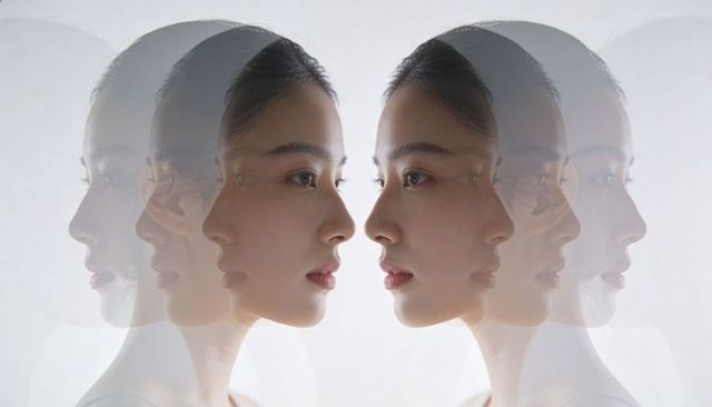 Mirror portrait asian woman with layered double exposure creating symmetrical silhouettes