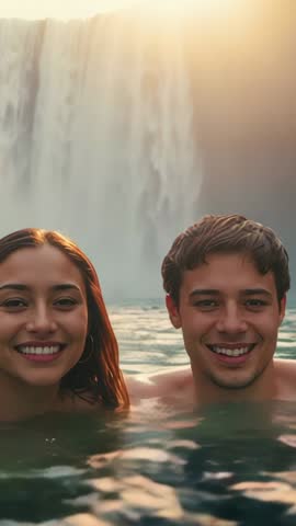 Couple emerging from water at waterfall smiling during golden hour vertical travel video