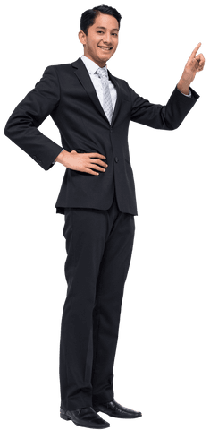 Happy biracial businessman pointing on transparent background
