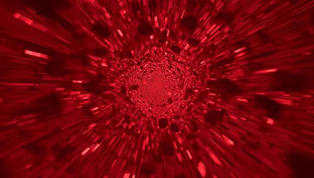 Spiraling Red Crystalline Vortex Pulling Inward Through Faceted 3D Tunnel With Cuboids