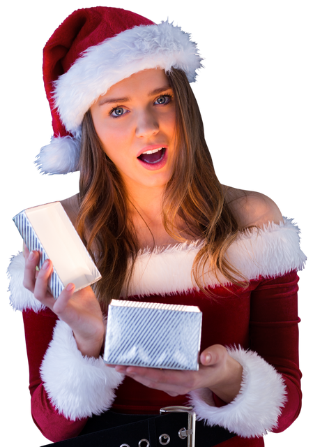 Surprised Woman in Santa Hat with Unwrapped Gift on Transparent Background - Download Free Stock Videos Pikwizard.com