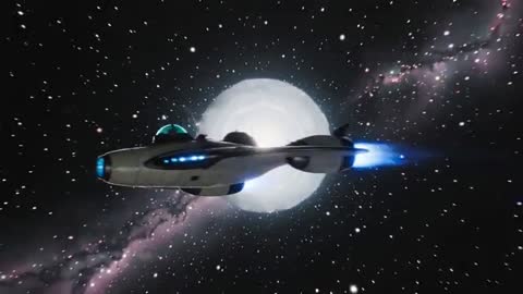 Futuristic spacecraft igniting engines and rotating toward stellar portal cinematic video