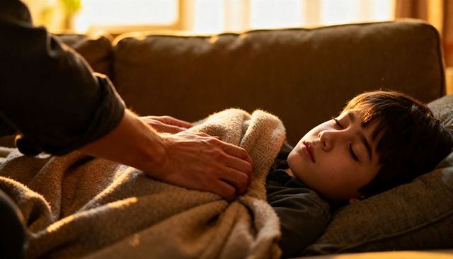 Parent tucking sleeping child into cozy wool blanket on sofa with warm window light