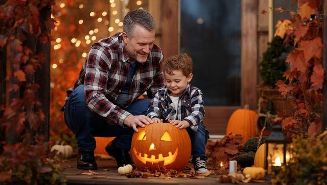 Father and Son Bonding Over Halloween Pumpkin Carving