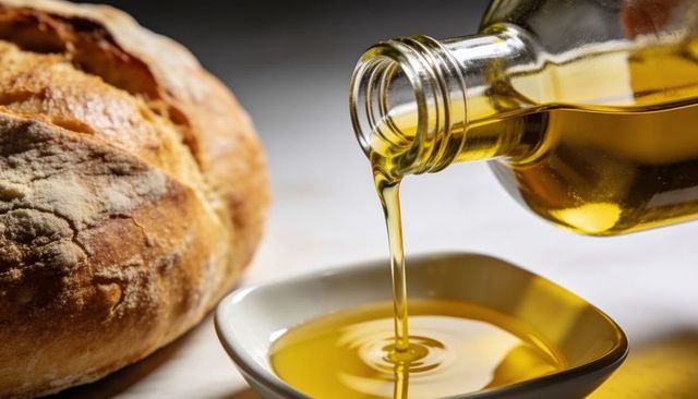 Pouring golden olive oil into dish with crusty artisan bread close-up for culinary use