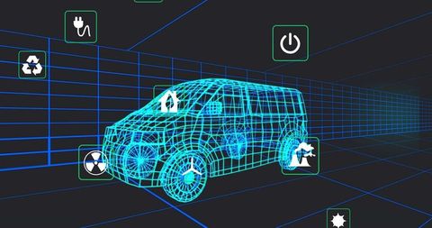 Neon Wireframe Van Floating Inside Virtual Grid Tunnel Showing Energy, Eco, Tech Icons