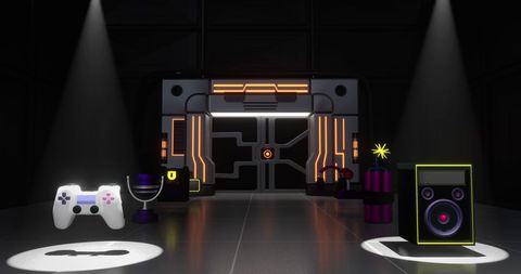 Futuristic game room with neon lights and electronics